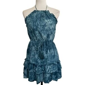 Revolve Majorelle Dress M Teal‎ Blue Tie Dye Halter Mini Low Back Tiered  Ruffle